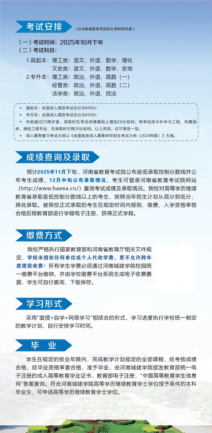 2025年河南城建学院成人高考考试时间